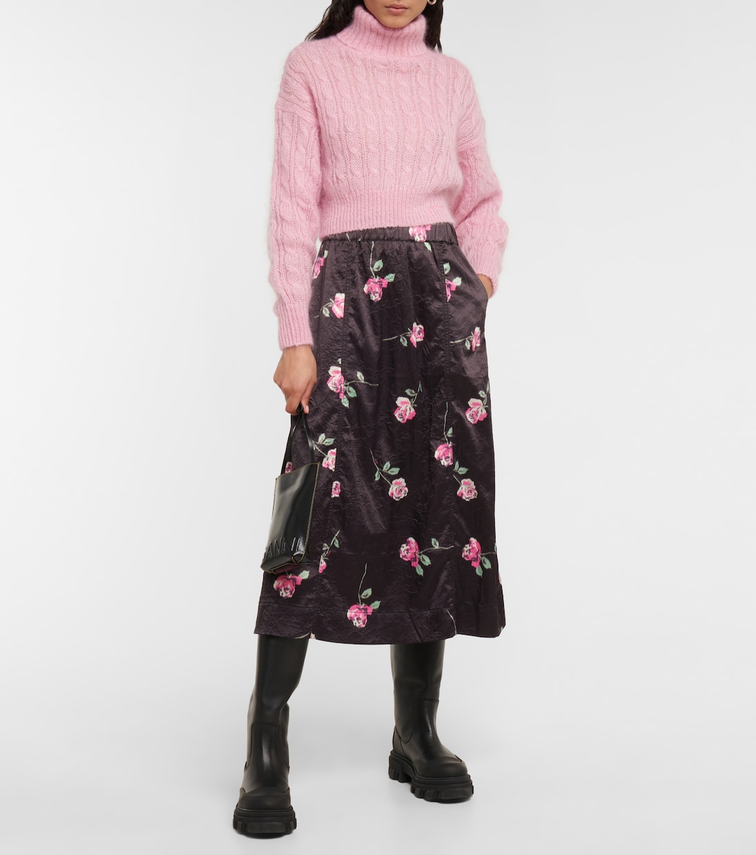 Falda midi acampanada de satén floral | Ganni
