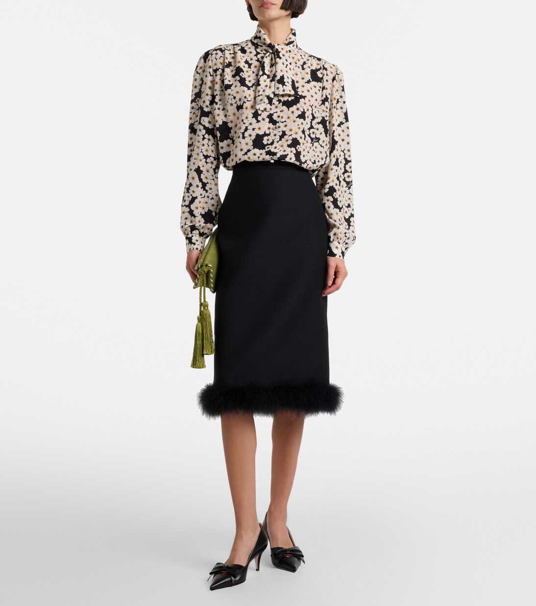 Feather-trimmed wool and silk midi skirt | Valentino