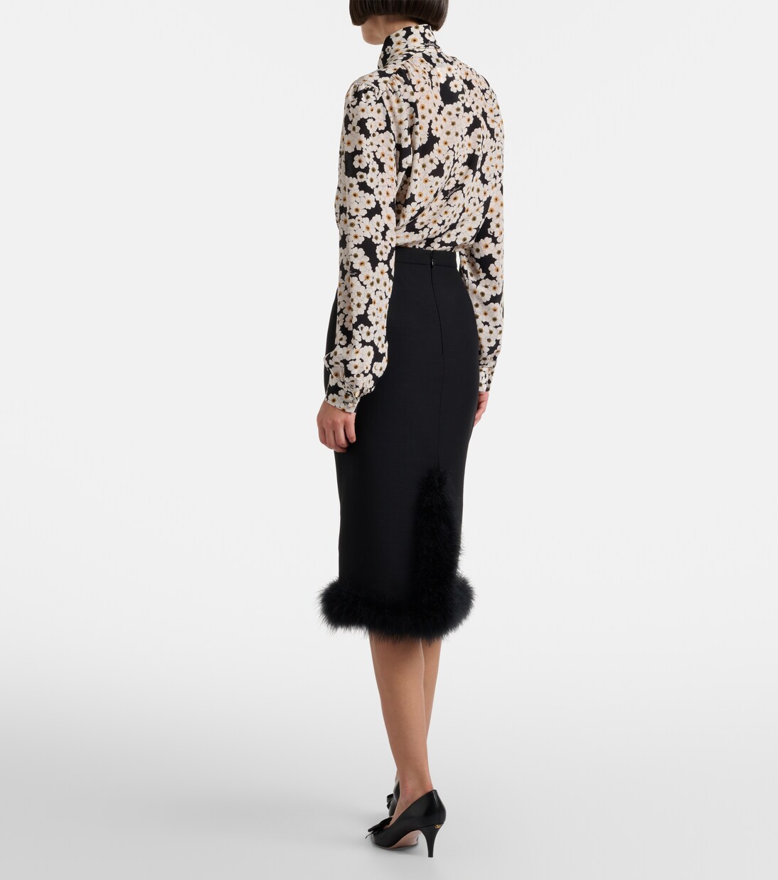 Feather-trimmed wool and silk midi skirt | Valentino