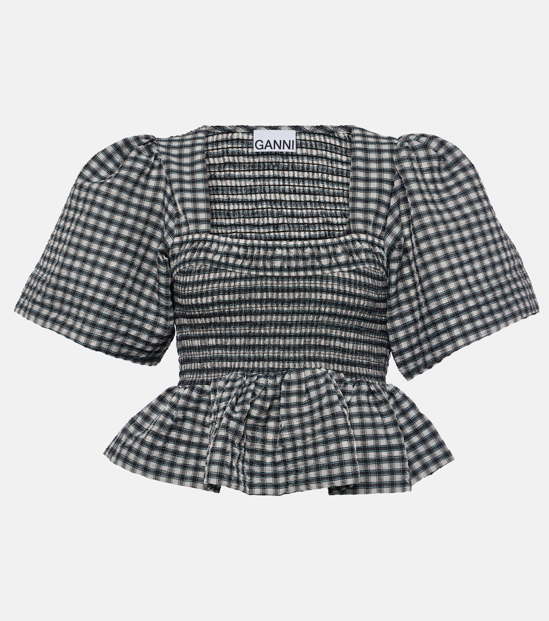 Top in seersucker a quadri con peplum | Ganni