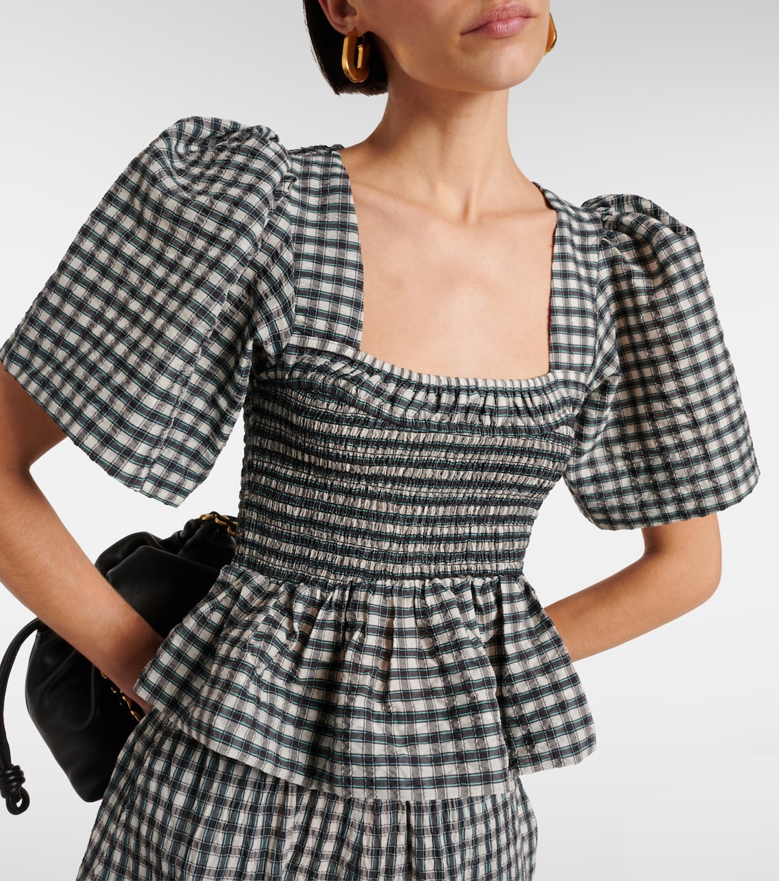 Top in seersucker a quadri con peplum | Ganni