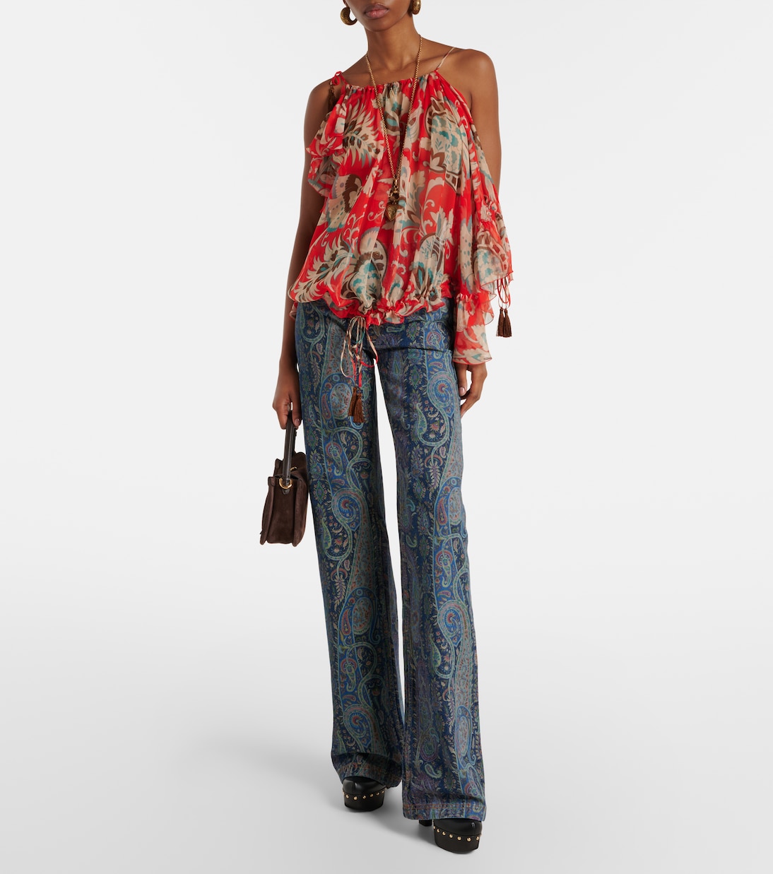 Printed one-shoulder ruffled silk top | Etro