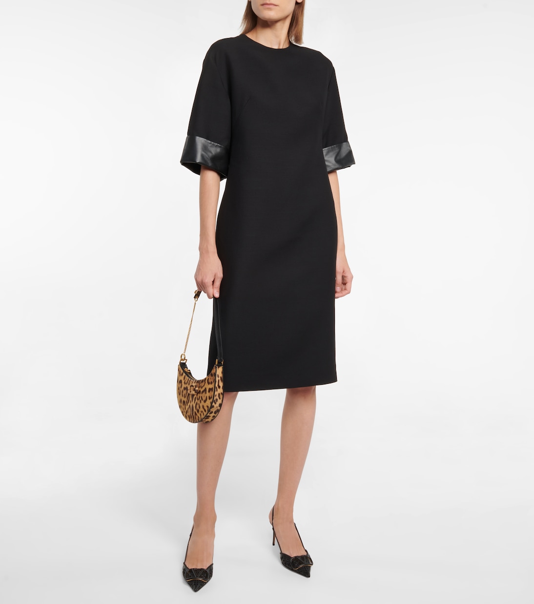 Abito midi in lana e seta con pelle | Valentino