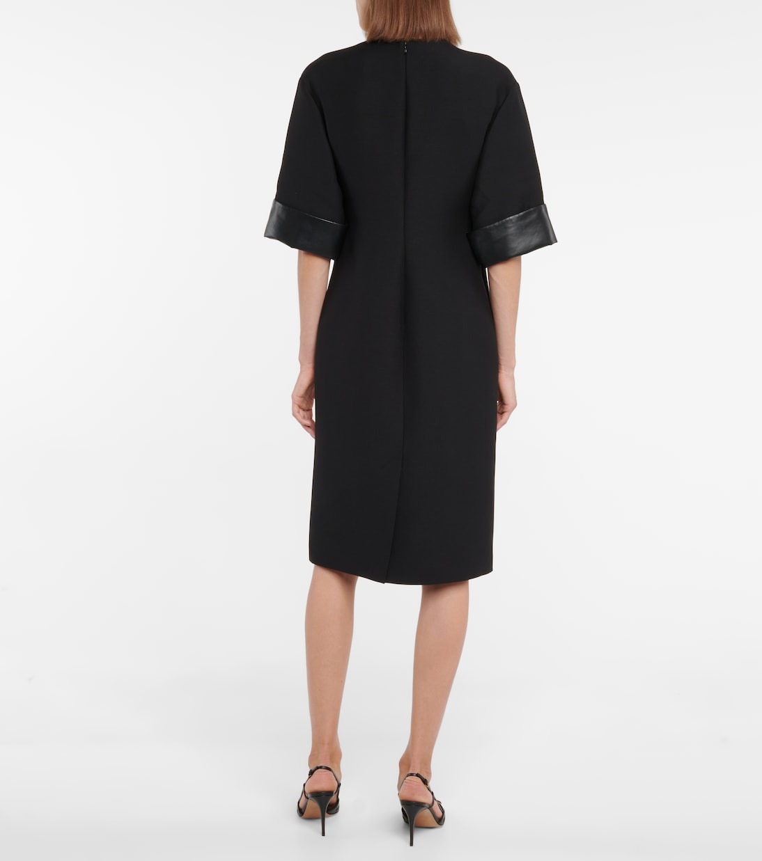 Abito midi in lana e seta con pelle | Valentino