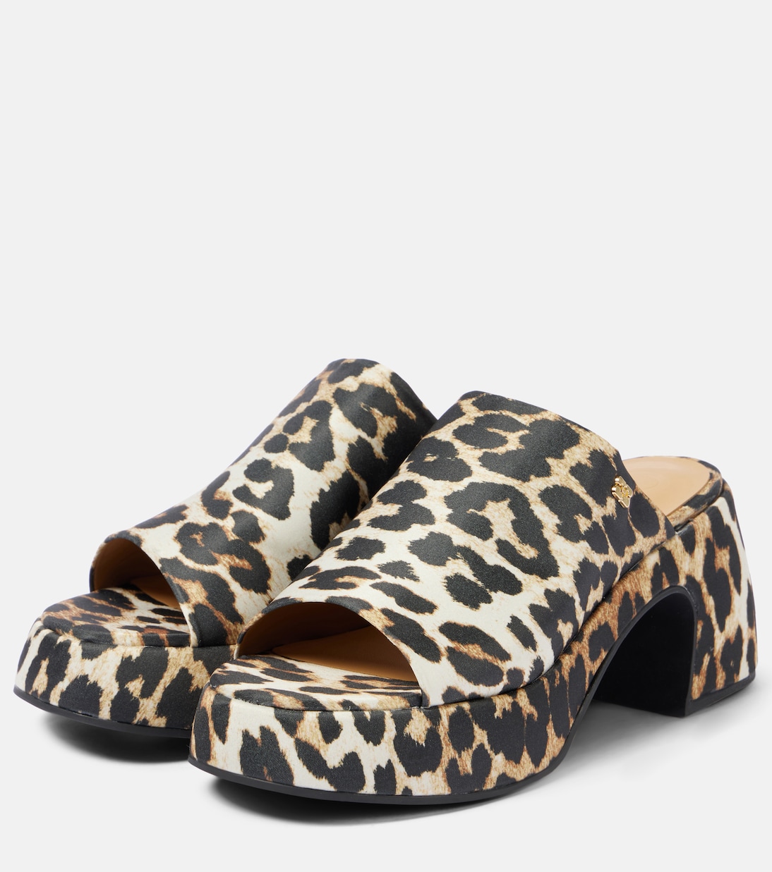 Leopard-print satin platform mules | Ganni