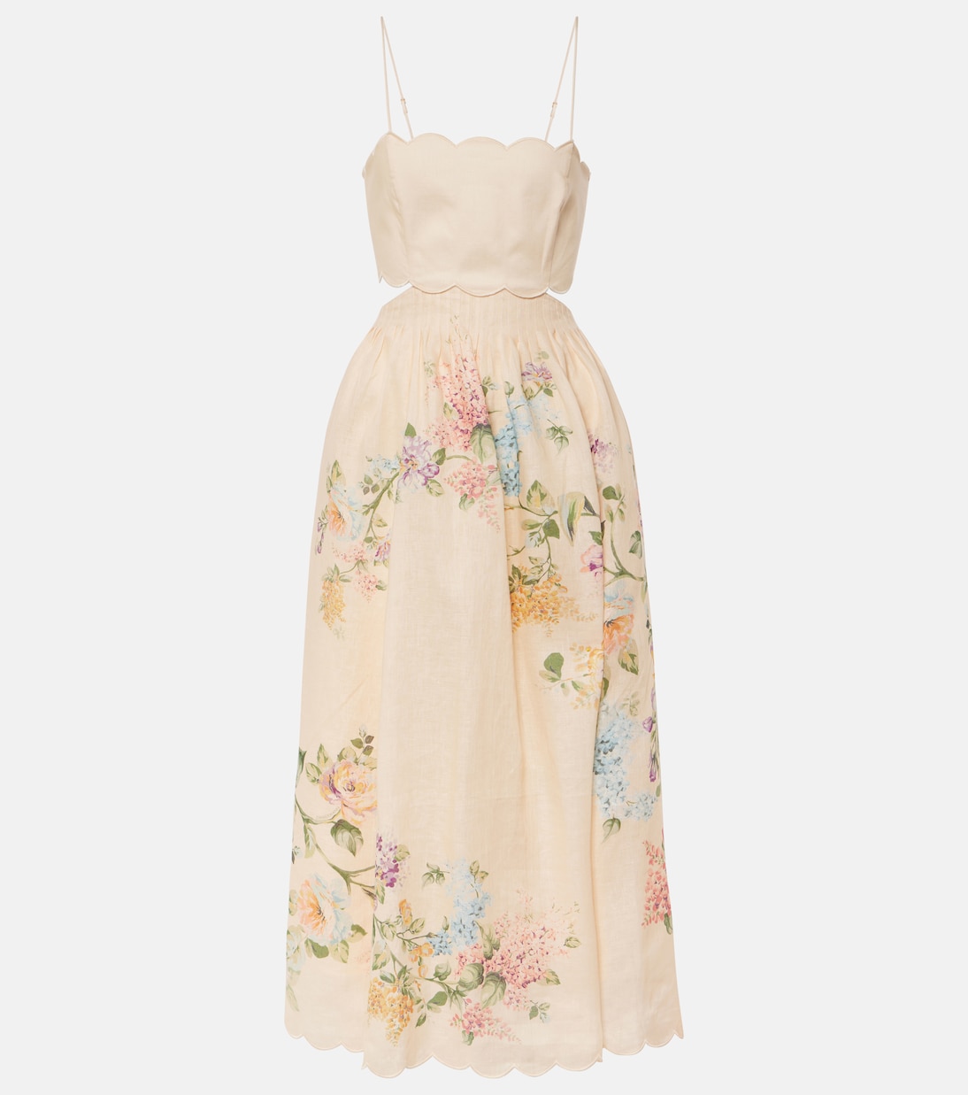 Halliday scalloped floral linen midi dress | Zimmermann