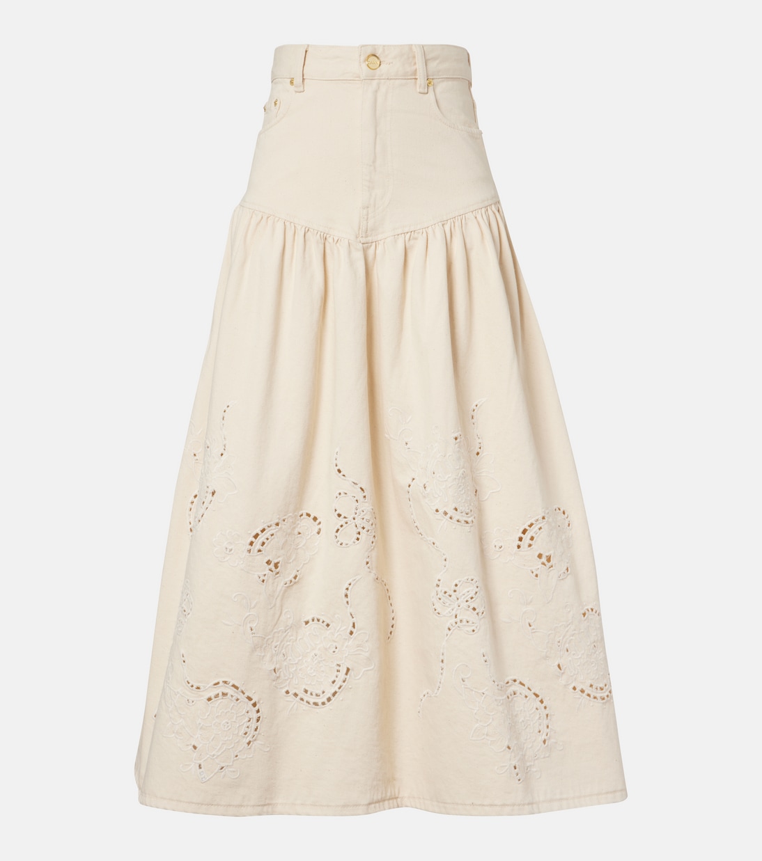 Jupe en jean à broderies anglaises | Ganni
