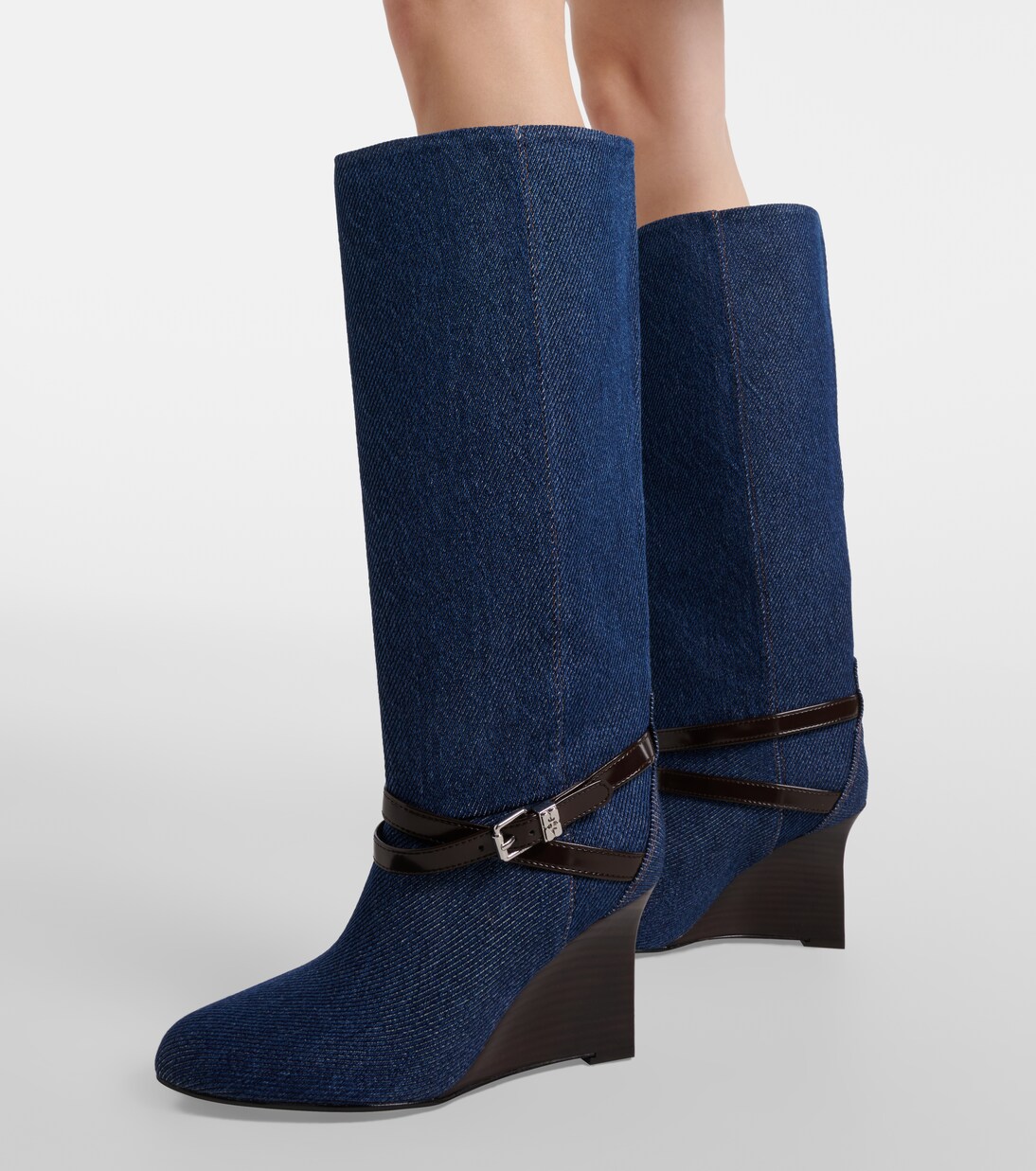 Kat denim knee-high wedge boots | Ganni