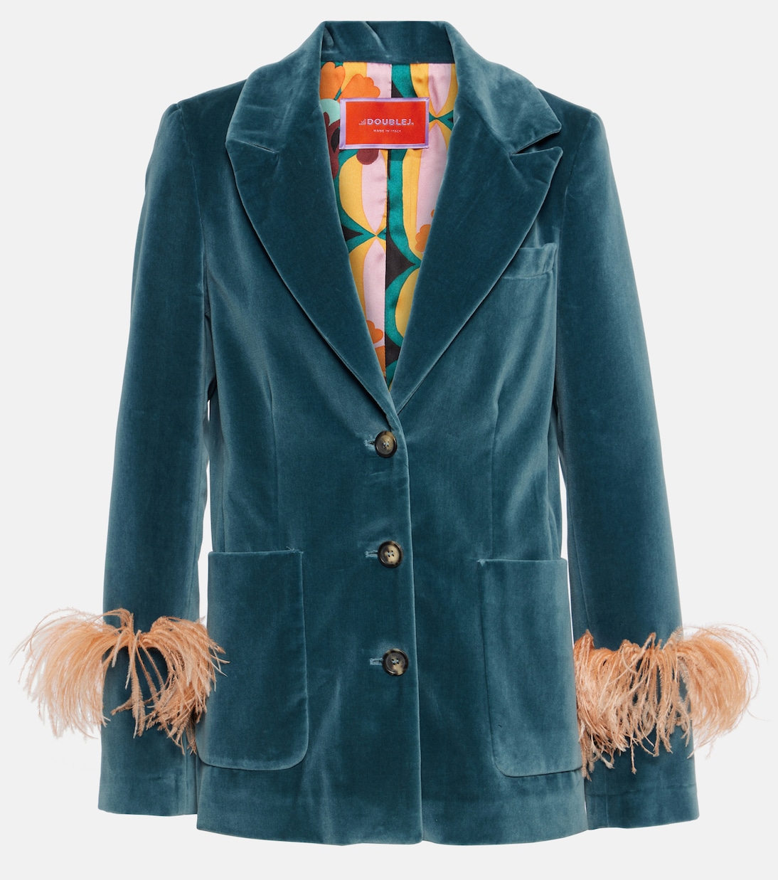 Feather trimmed cotton velvet blazer in blue La Double J Mytheresa
