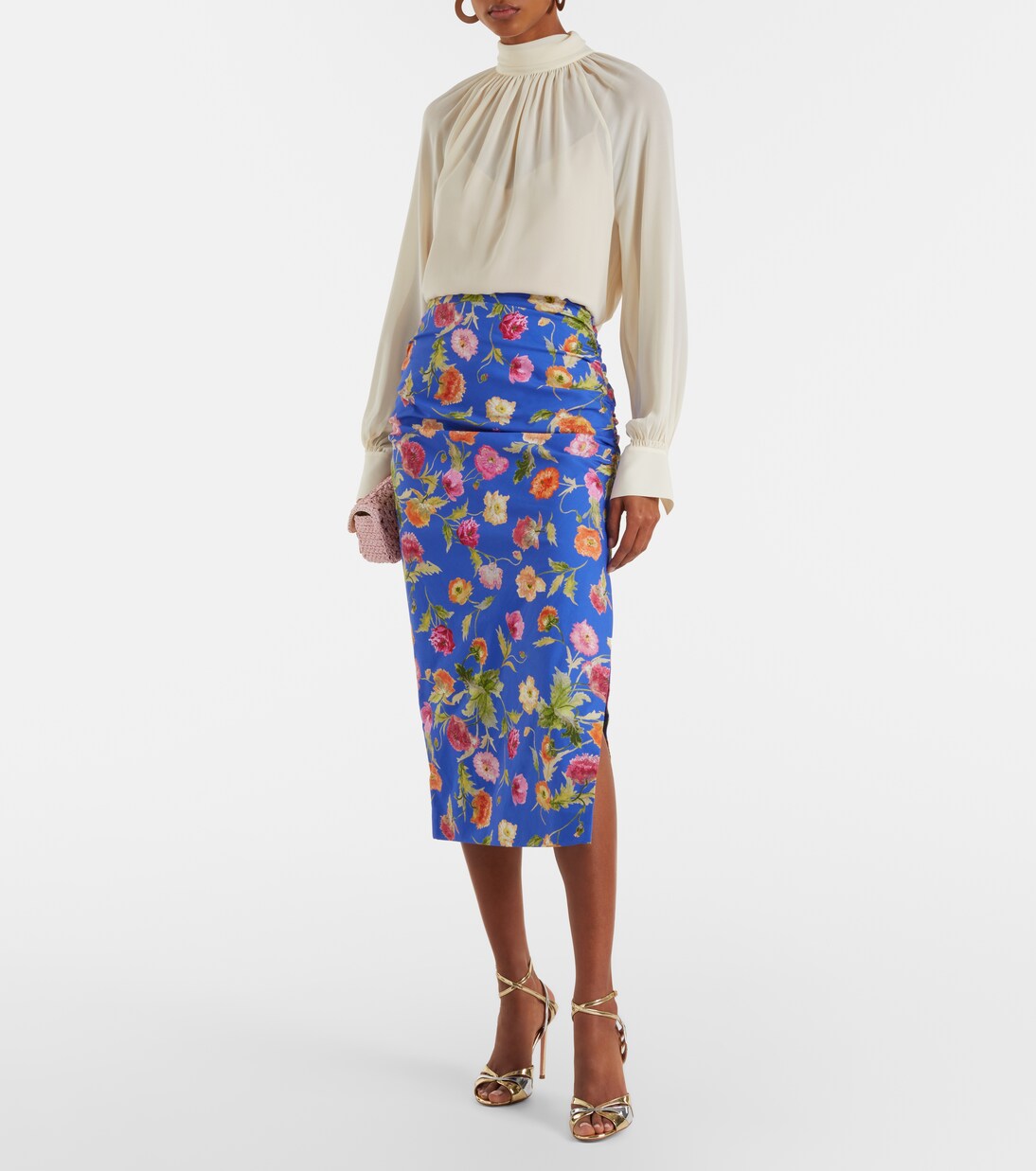 Floral ruched cotton-blend midi skirt | Carolina Herrera