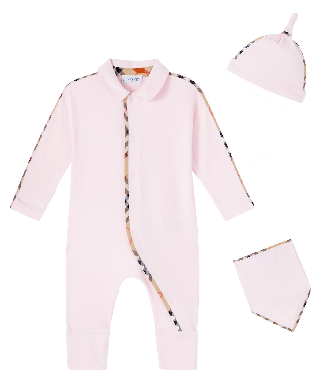 Baby cotton-blend beanie, bib, and onesie set | Burberry Kids