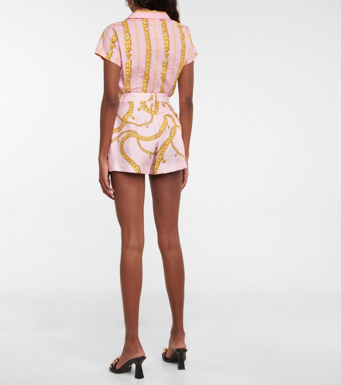 Shorts in seta con stampa Chain | Versace