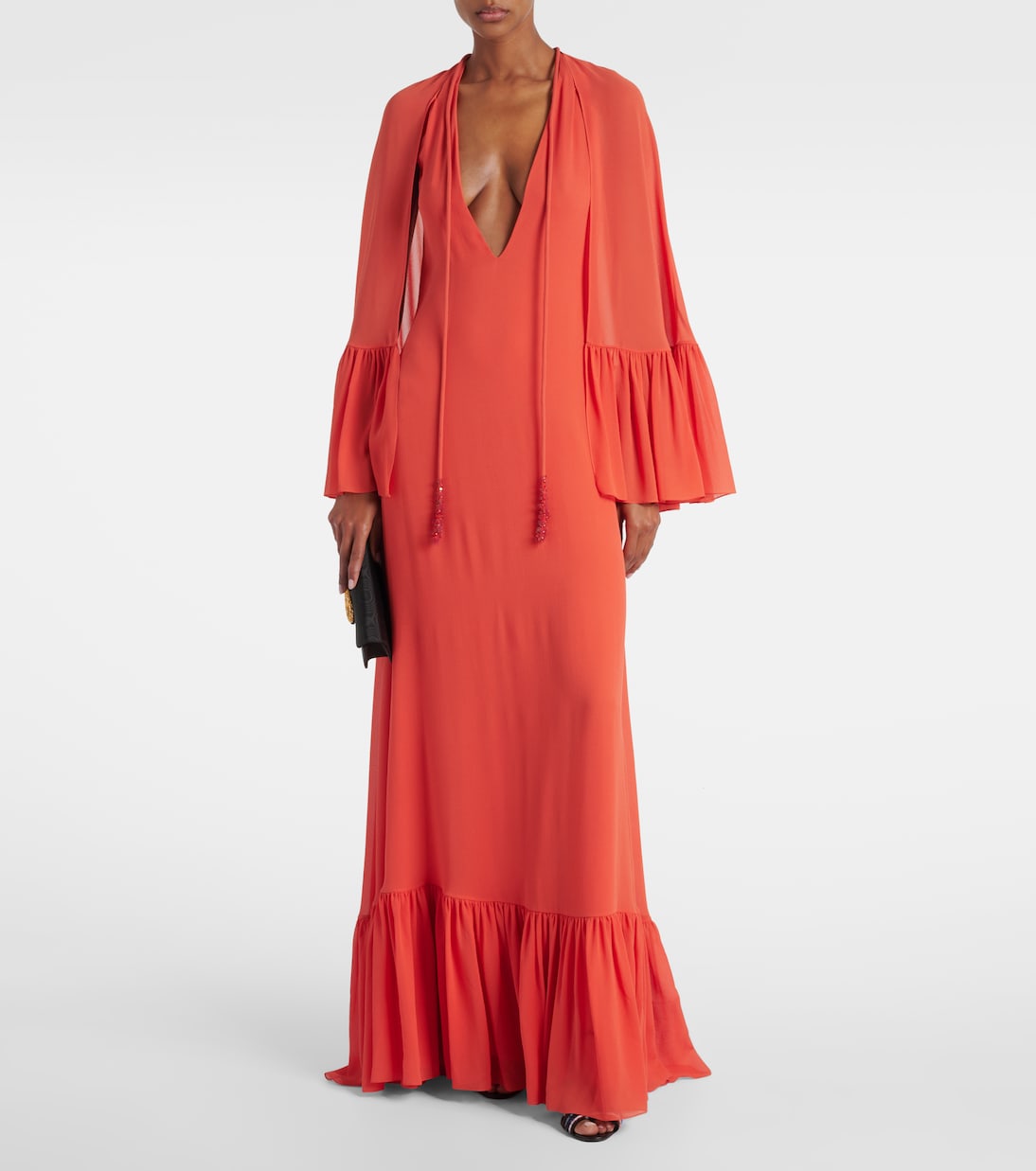 Vestido largo de georgette de seda con capa | Valentino