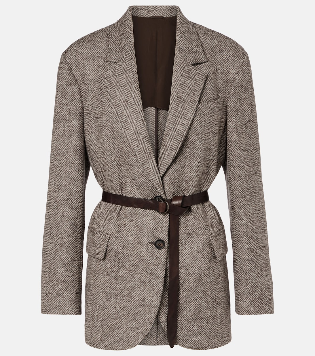Belted herringbone wool-blend blazer | Brunello Cucinelli