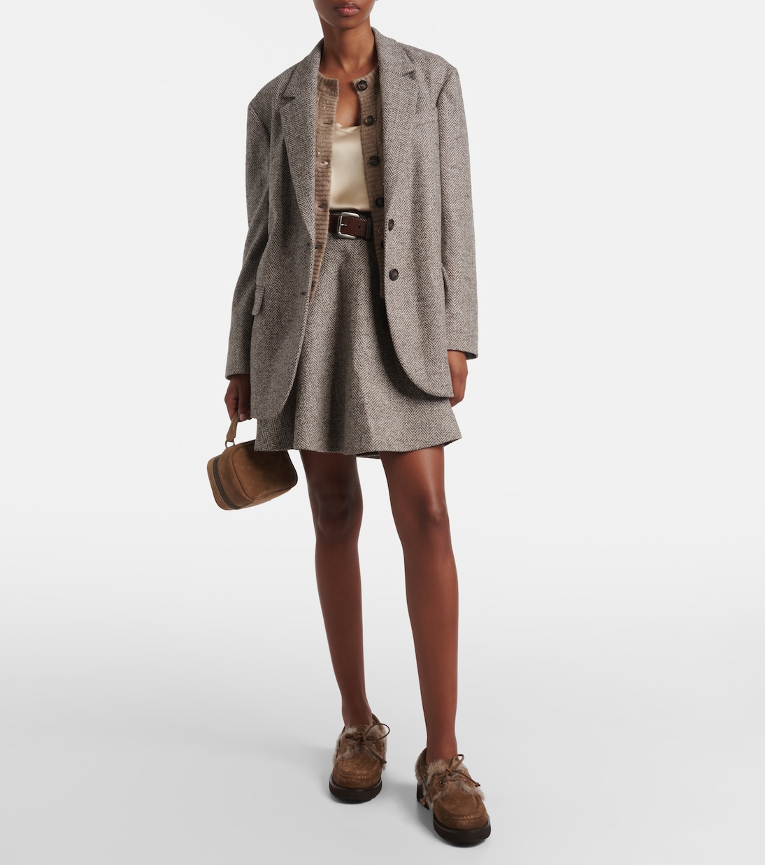 Belted herringbone wool-blend blazer | Brunello Cucinelli