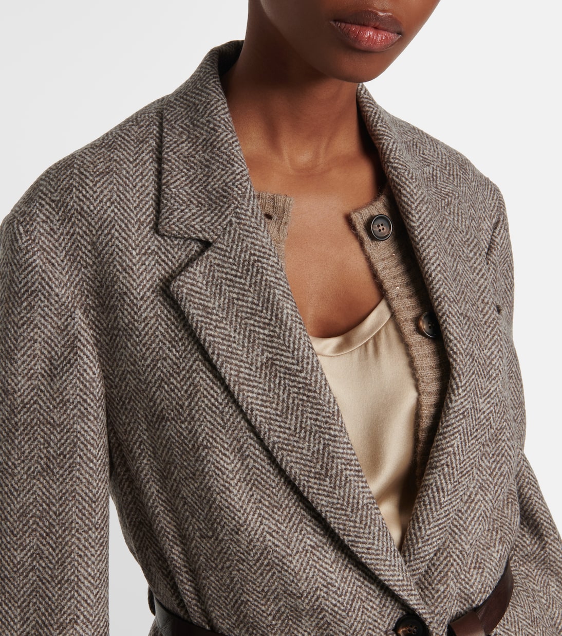 Belted herringbone wool-blend blazer | Brunello Cucinelli