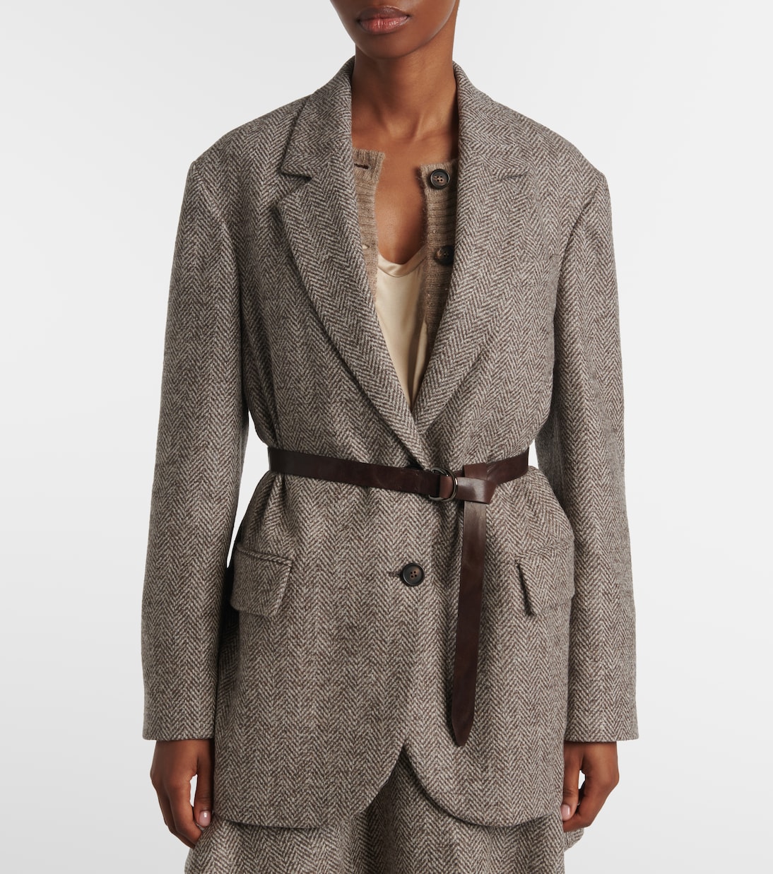 Belted herringbone wool-blend blazer | Brunello Cucinelli
