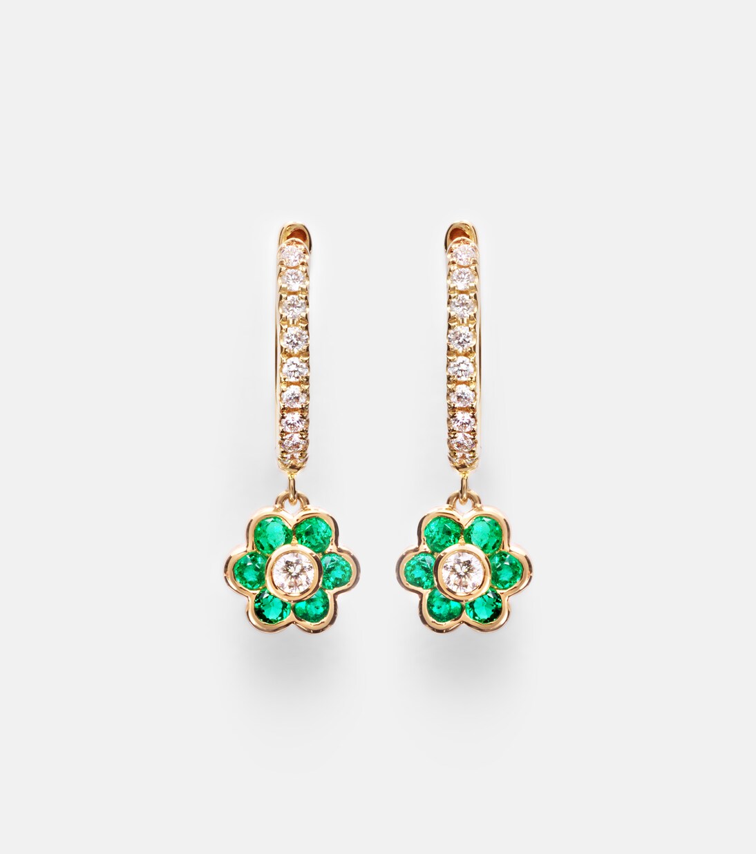 Flora 18kt gold huggie earrings with diamonds and emeralds | Anita Ko