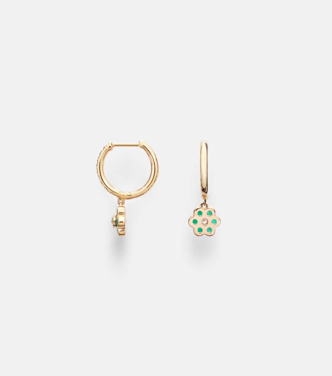 Flora 18kt gold huggie earrings with diamonds and emeralds | Anita Ko