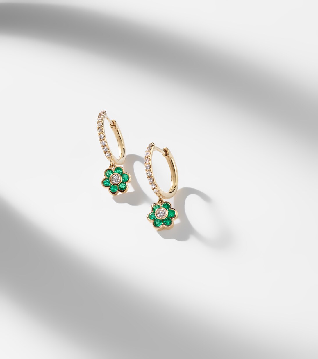 Flora 18kt gold huggie earrings with diamonds and emeralds | Anita Ko