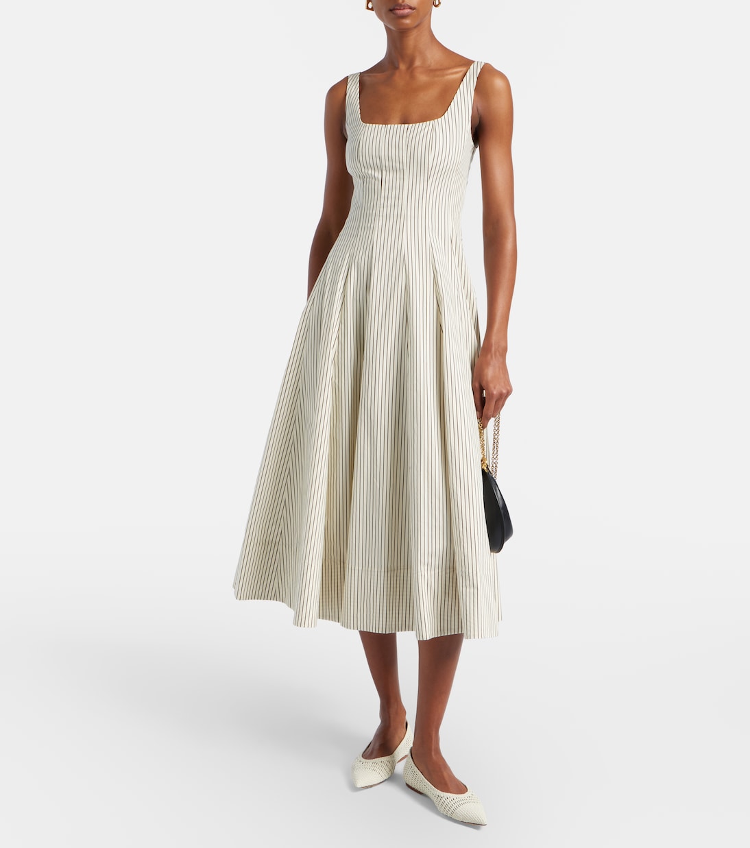 Vestido midi de algodón plisado a rayas | Staud