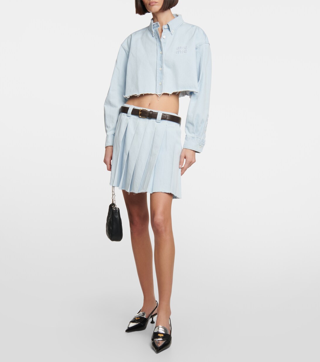 国内発送/送料関税込【Miu Miu】 Pleated denim skirt Pleated denim miniskirt in blue - Miu Miu | Mytheresa