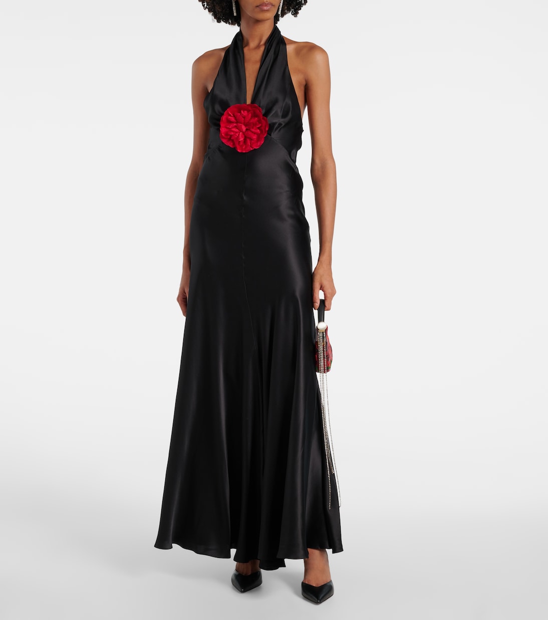 Vestido largo de satén de seda con aplique floral | Rodarte