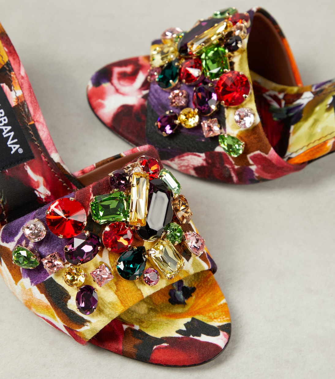 Rhinestone-embellished floral satin mules in multicoloured