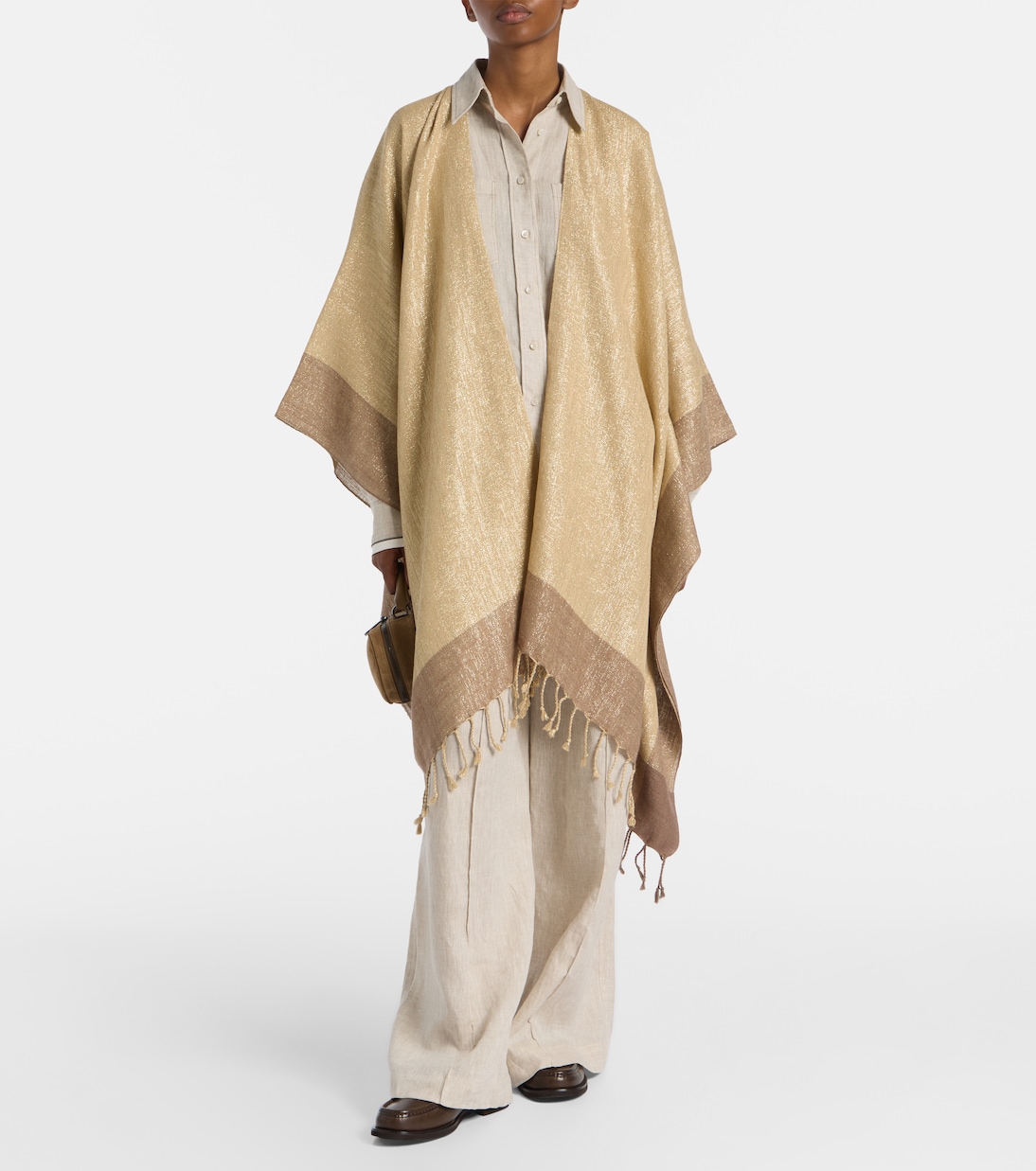 Fringed linen-blend lamé poncho | Brunello Cucinelli