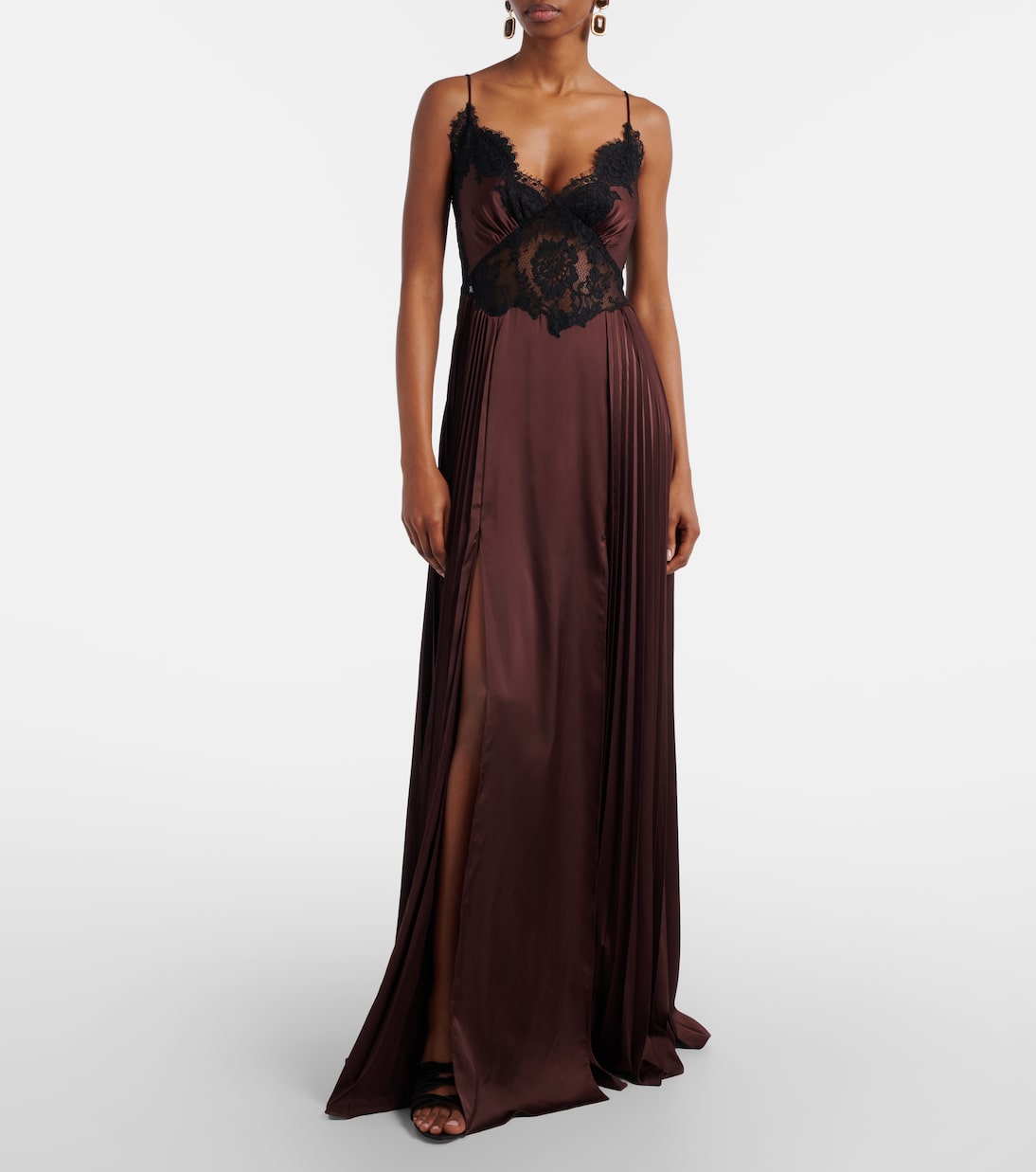 Lace-trimmed pleated satin maxi dress | Self-Portrait