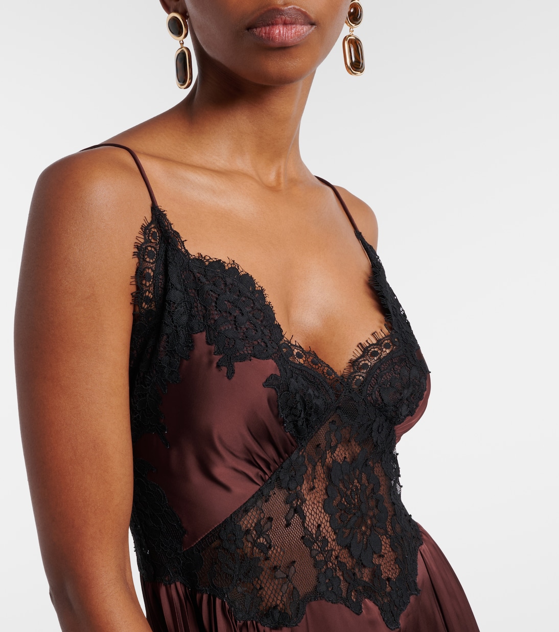 Lace-trimmed pleated satin maxi dress | Self-Portrait