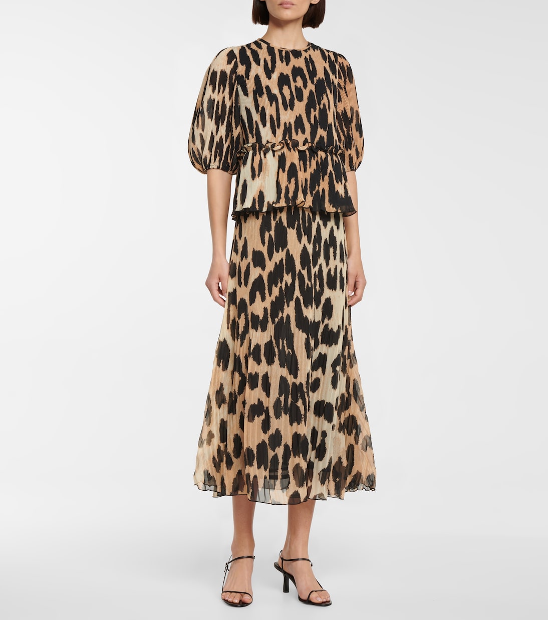 Leopard-print pleated georgette top | Ganni