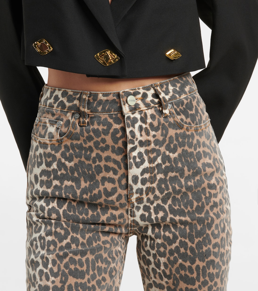 Leopard-print high-rise flared jeans | Ganni