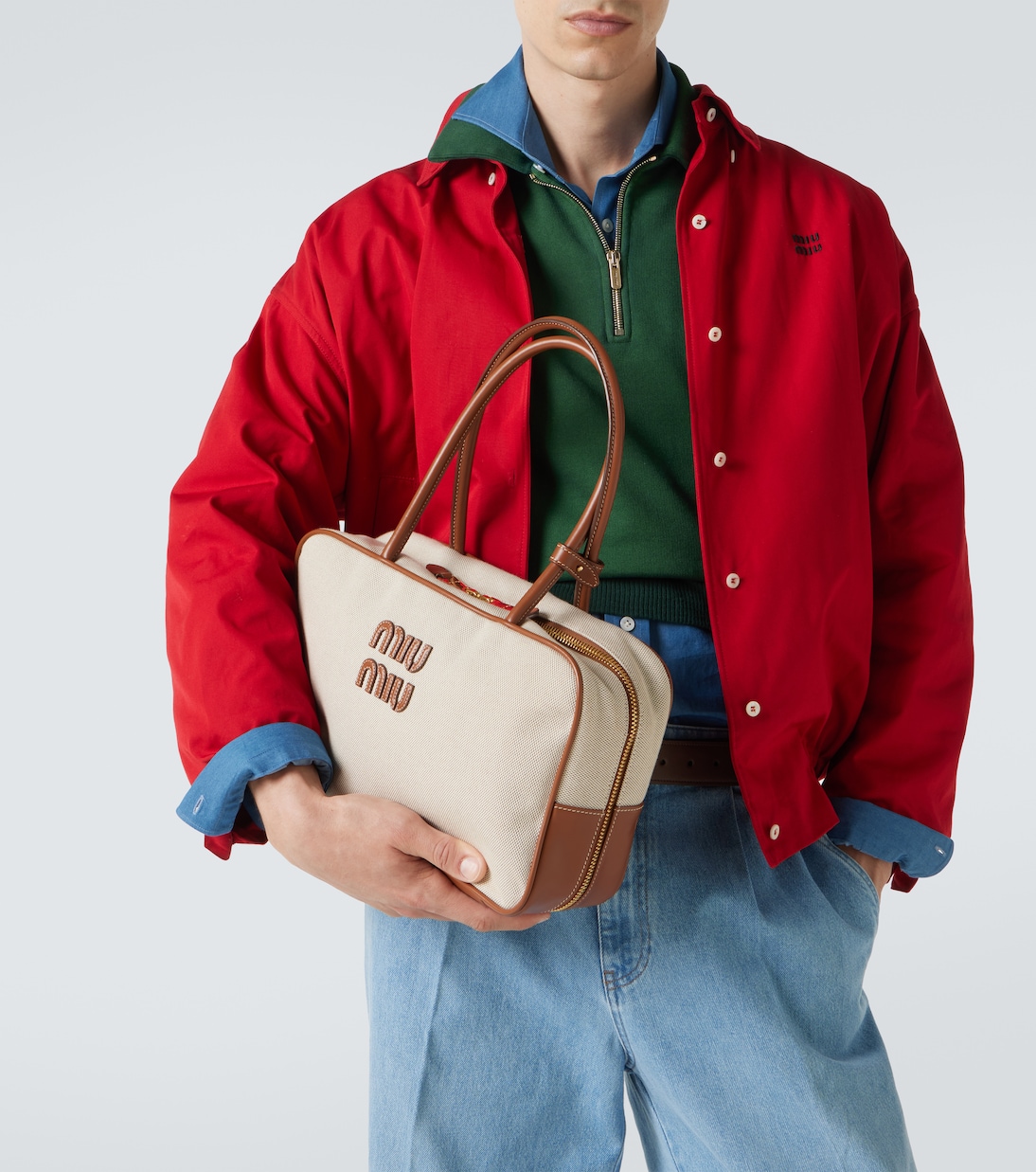 Logo leather-trimmed canvas tote bag | Miu Miu