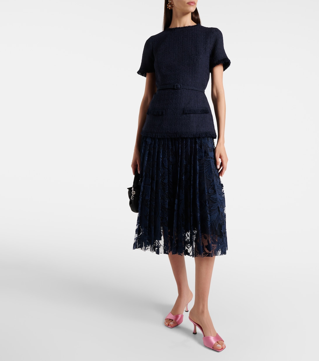 Robe midi en tweed de laine mélangée et dentelle | Oscar de la Renta
