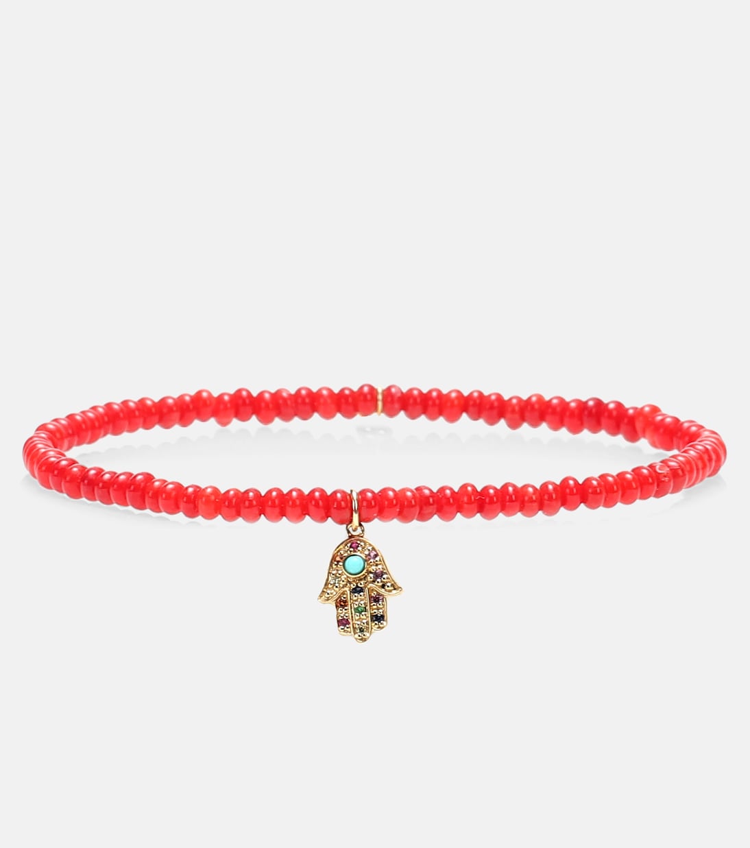 Bracciale giovanile in bambù e corallo con perle in oro 14kt e zaffiri, design Hamsa arcobaleno.