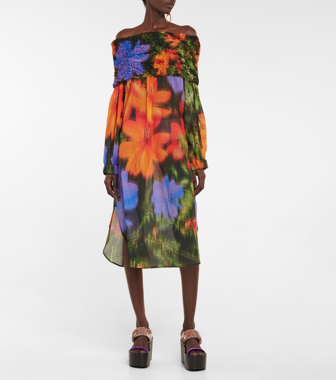 Abito midi in cotone a punto smock | Dries Van Noten