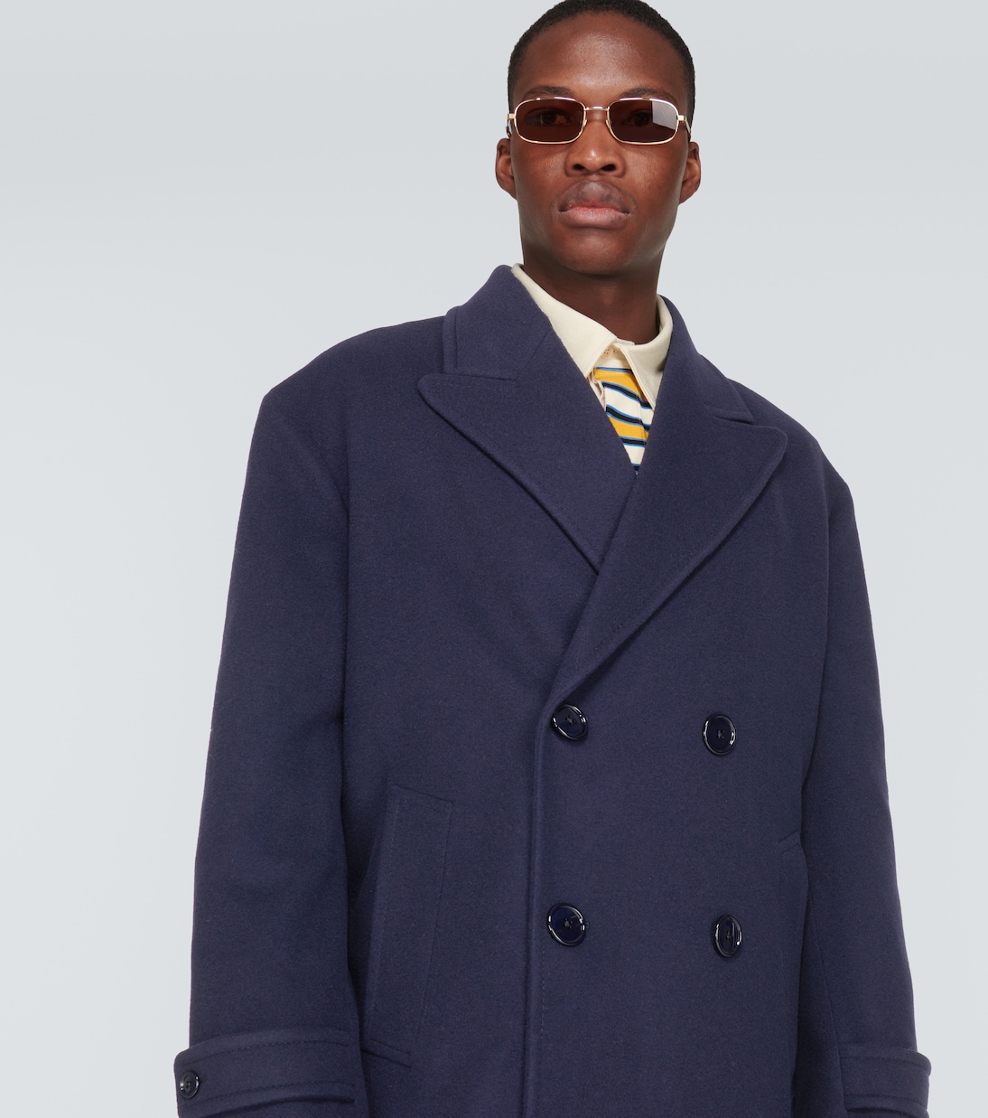 Double breasted wool overcoat in blue Gucci Mytheresa