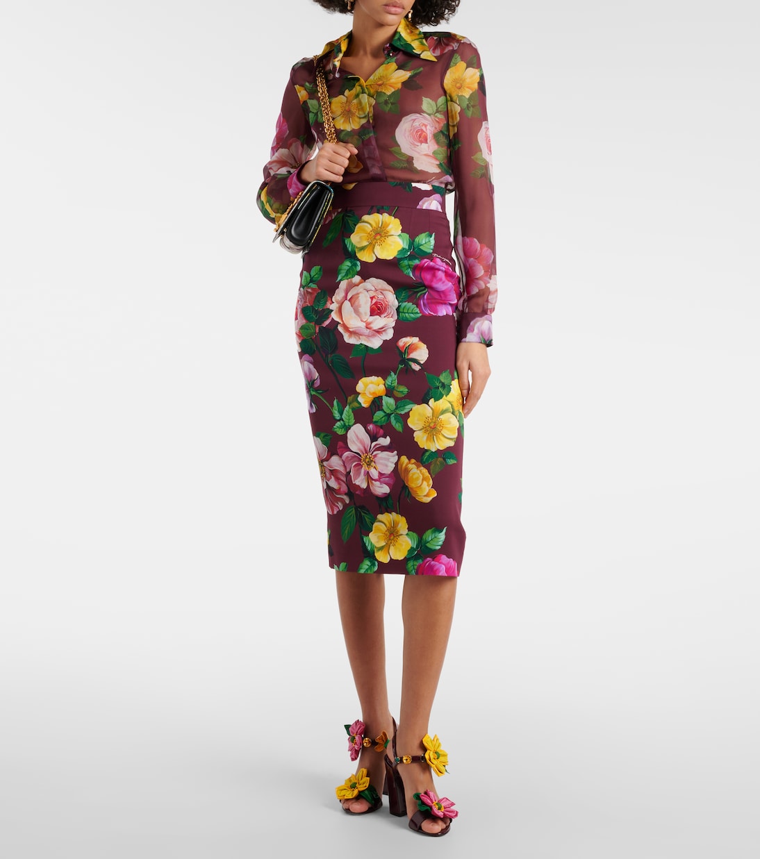 Jupe midi en soie mélangée à fleurs | Dolce&Gabbana