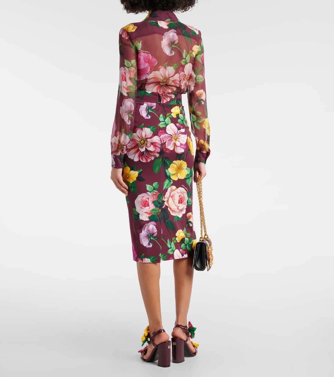 Jupe midi en soie mélangée à fleurs | Dolce&Gabbana
