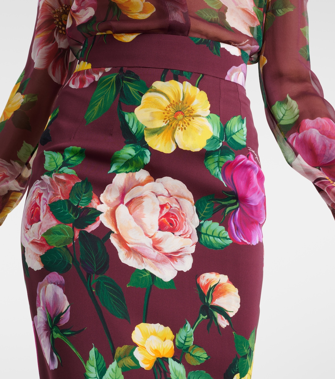 Jupe midi en soie mélangée à fleurs | Dolce&Gabbana