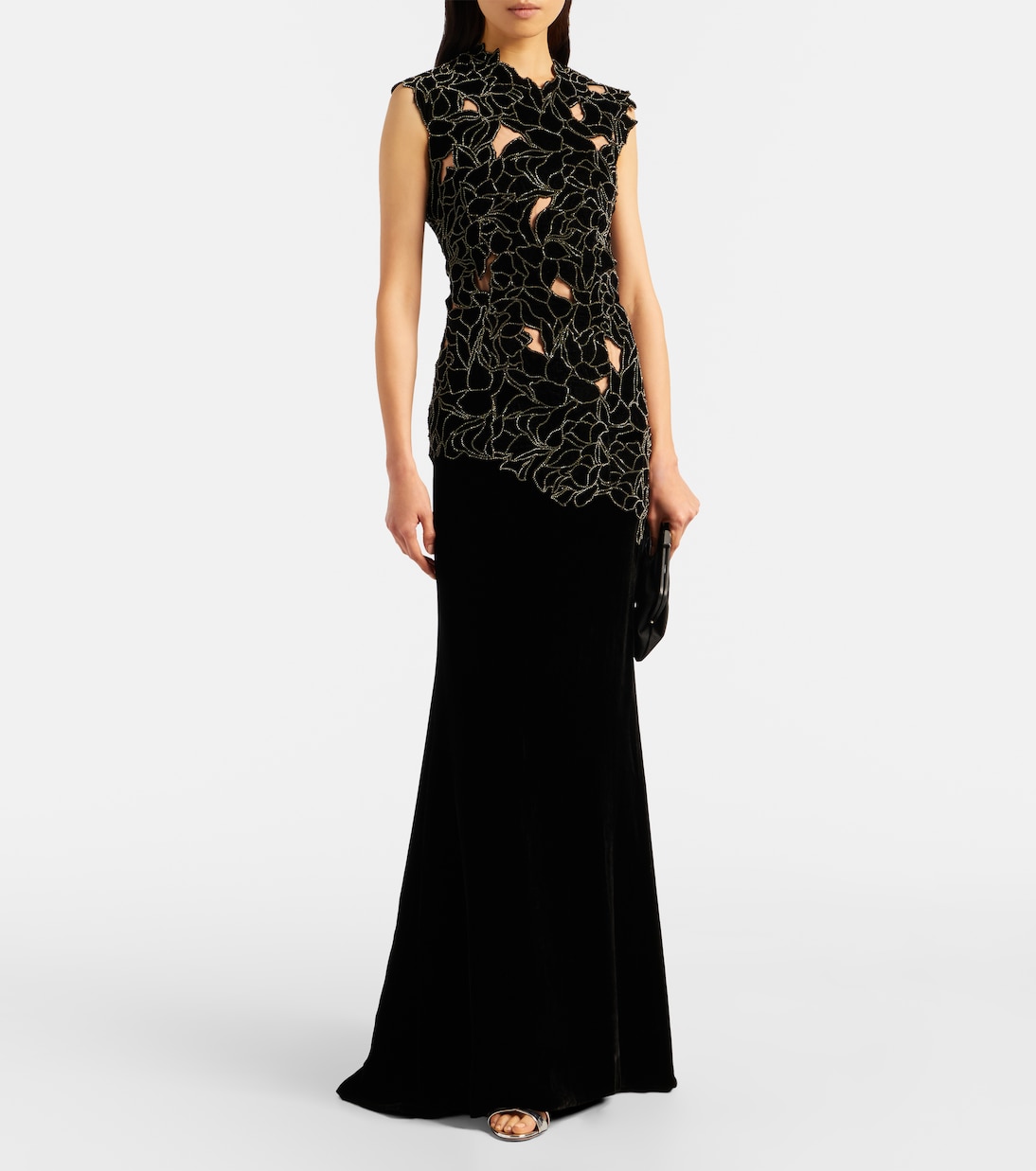 Serisa embellished lace-trimmed velvet gown | Costarellos