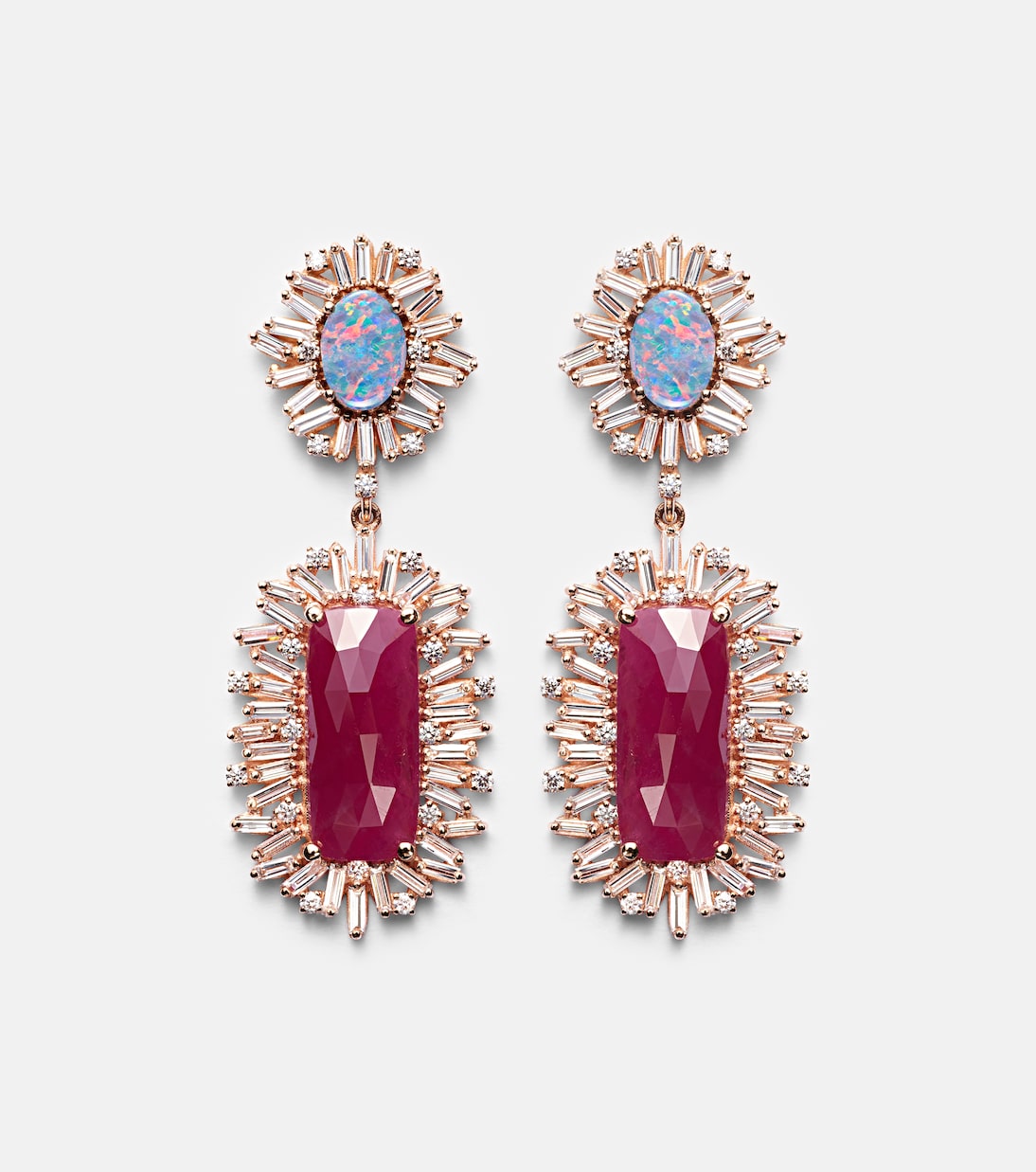 Boucles d'oreilles One of a Kind en or rose 18 ct, diamants, rubis et opale | Suzanne Kalan