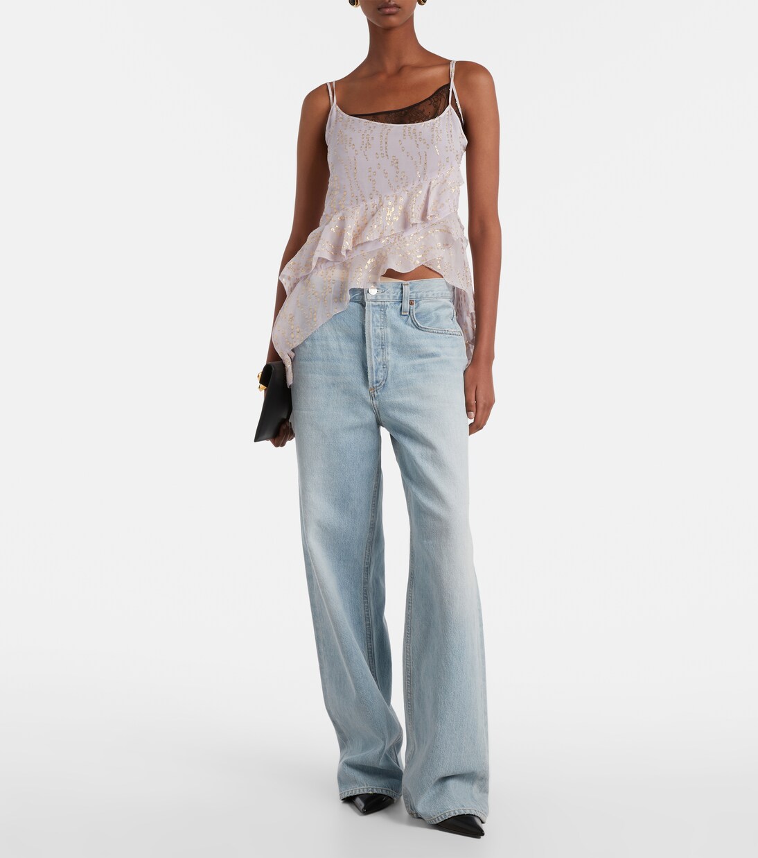 印花荷叶边不对称真丝混纺上衣 | Jacques Wei