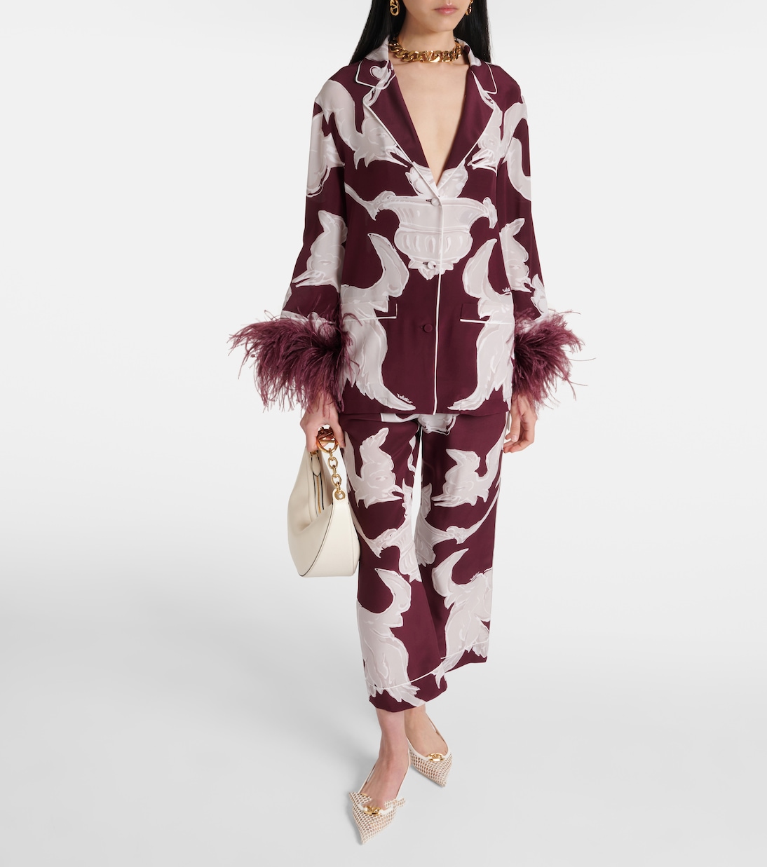 Printed feather-trimmed silk crêpe de chine blouse | Valentino