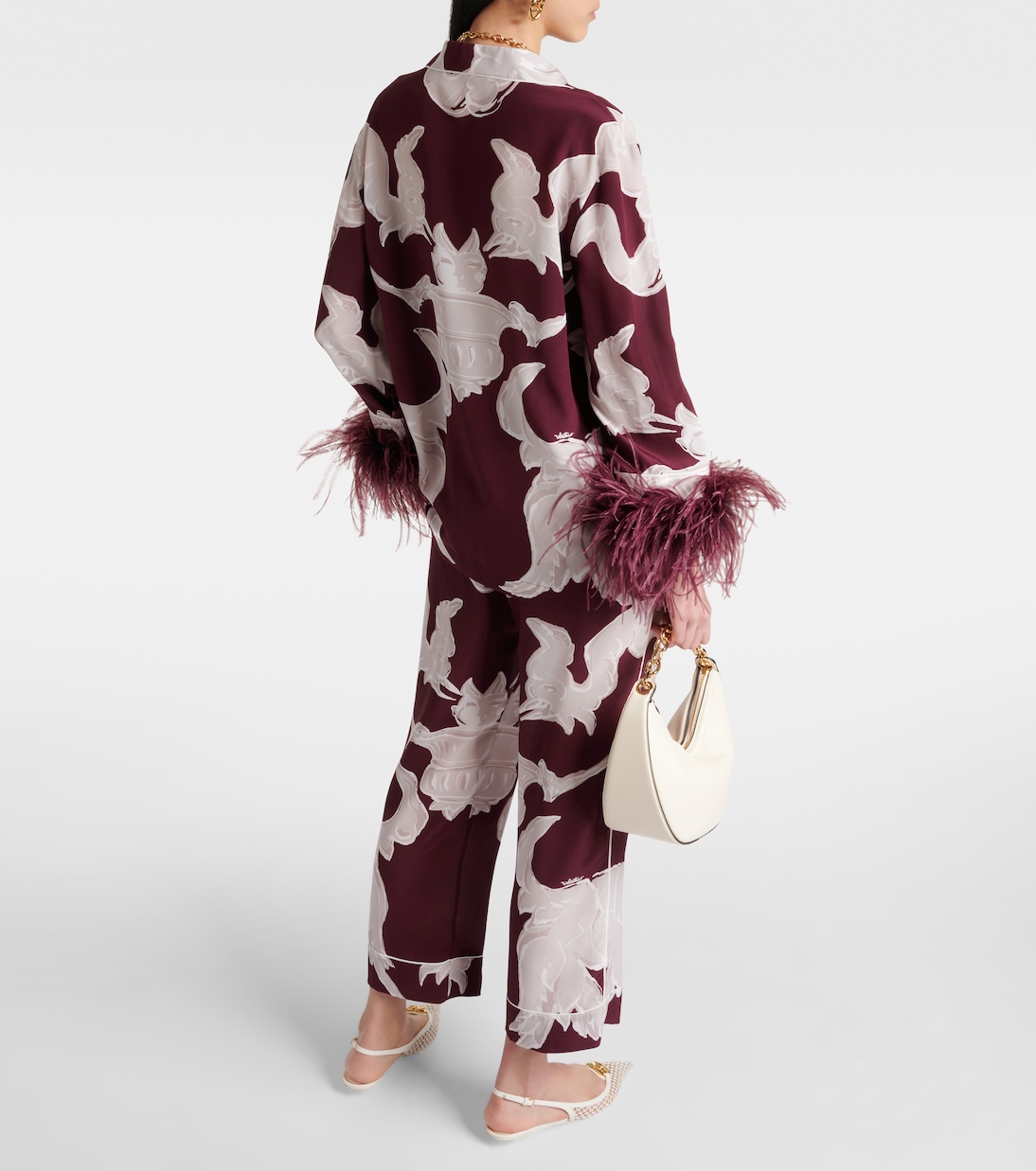 Printed feather-trimmed silk crêpe de chine blouse | Valentino