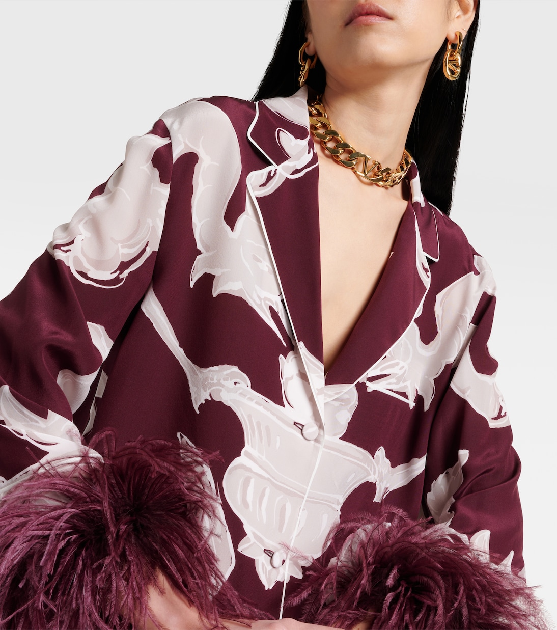 Printed feather-trimmed silk crêpe de chine blouse | Valentino