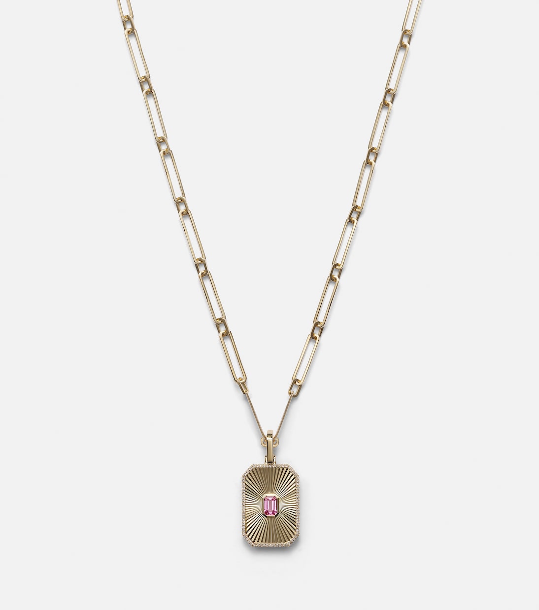 Collana giovanile in oro 18kt con pendente Deco luminoso, zaffiro e diamanti