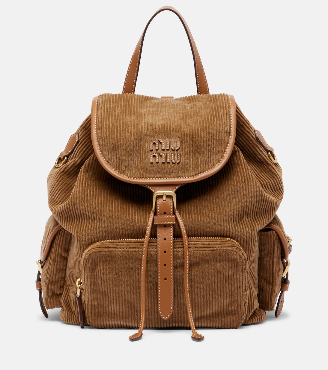 Leather-trimmed corduroy backpack | Miu Miu