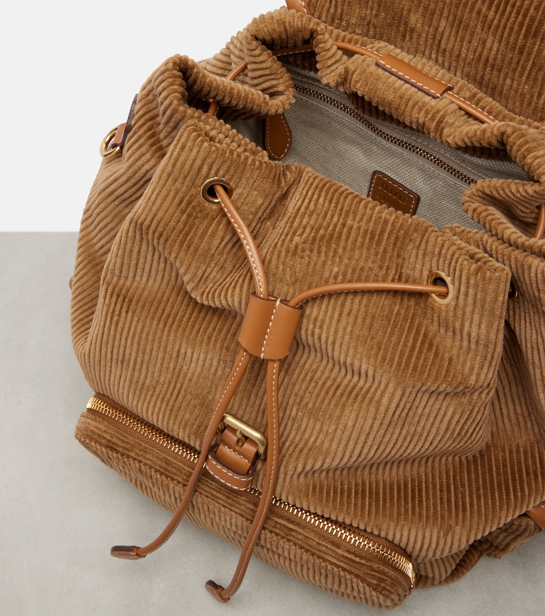 Leather-trimmed corduroy backpack | Miu Miu
